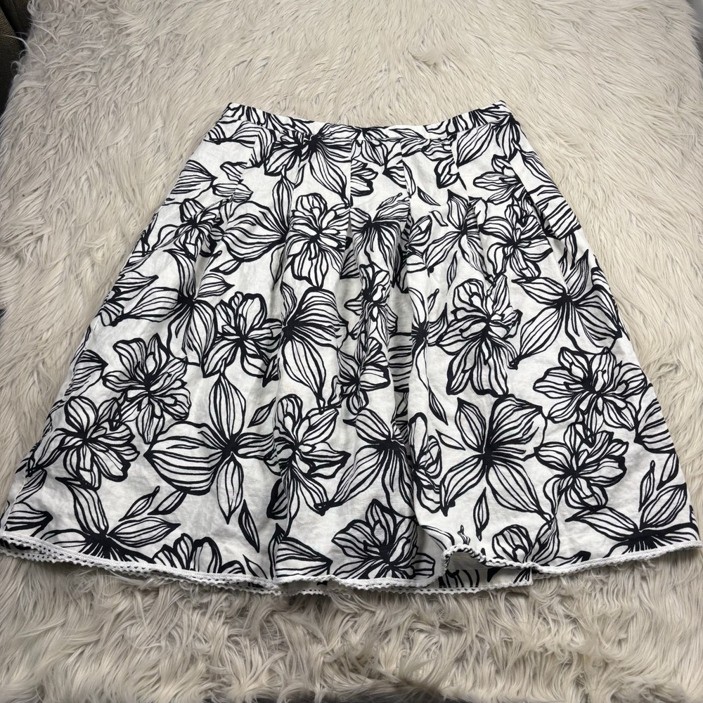 Style‎ & Co Women's 12 Black White Floral 100% Linen Pleated A-Line Skirt